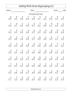 100 Single-Digit Addition Questions With Some Regrouping