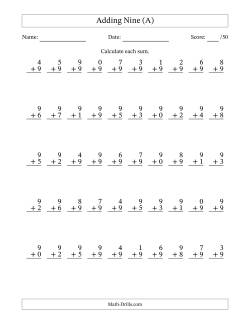 Adding Nine With The Other Addend From 0 to 9 – 50 Questions