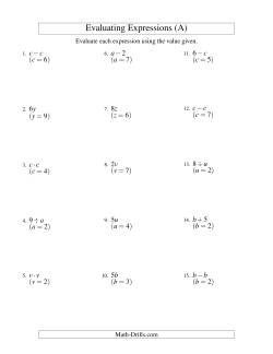 Evaluating One-Step Algebraic Expressions with One Variable and No Exponents