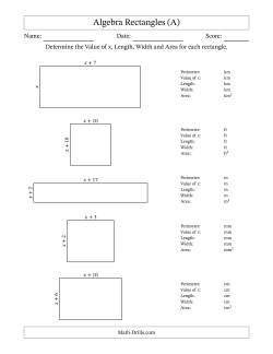 Algebra Rectangles – Determining the Value of x, Length, Width and Area Using Algebraic Sides and the Perimeter – m Range [1,1]