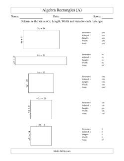 Algebra Rectangles – Determining the Value of x, Length, Width and Area Using Algebraic Sides and the Perimeter – m Range [2,9] or [-9,-2]