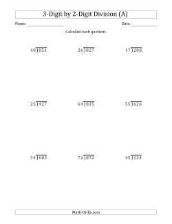 3-Digit by 2-Digit Long Division with Remainders and Steps Shown on Answer Key