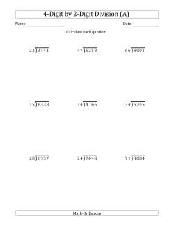 4-Digit by 2-Digit Long Division with Remainders and Steps Shown on Answer Key