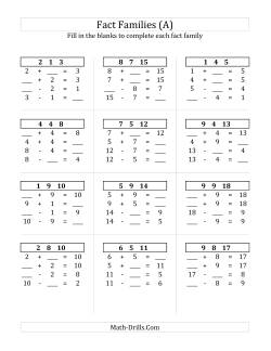 Addition and Subtraction Relationships with Sums to 18