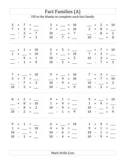 Addition and Subtraction Relationships with Families that Add to 10