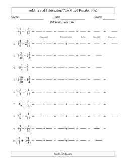 Adding and Subtracting Two Mixed Fractions with Similar Denominators, Mixed Fractions Results and Some Simplifying (Fillable)