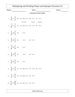 Multiplying and Dividing Proper and Improper Fractions with Some Simplifying (Fillable)