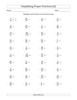 Simplifying Proper Fractions to Lowest Terms (Easier Questions)