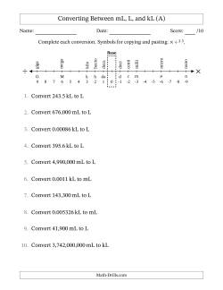 Converting Between Milliliters, Liters, and Kiloliters