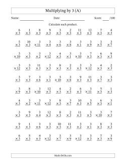 Multiplying (1 to 12) by 3 (100 Questions)