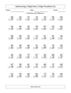 Subtracting 2-Digit from 2-Digit Numbers With Some Regrouping (49 Questions)