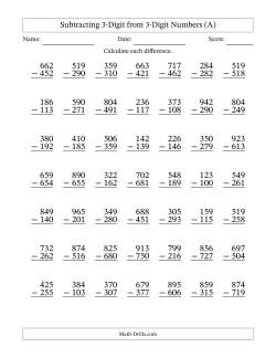 Subtracting 3-Digit from 3-Digit Numbers With Some Regrouping (49 Questions)