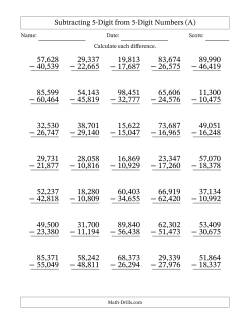 Subtracting 5-Digit from 5-Digit Numbers With Some Regrouping (35 Questions) (Comma Separated Thousands)