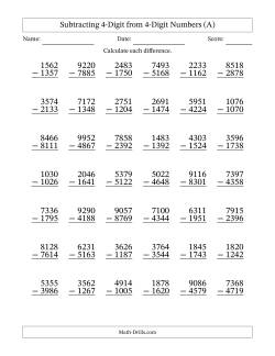 Subtracting 4-Digit from 4-Digit Numbers With Some Regrouping (42 Questions)